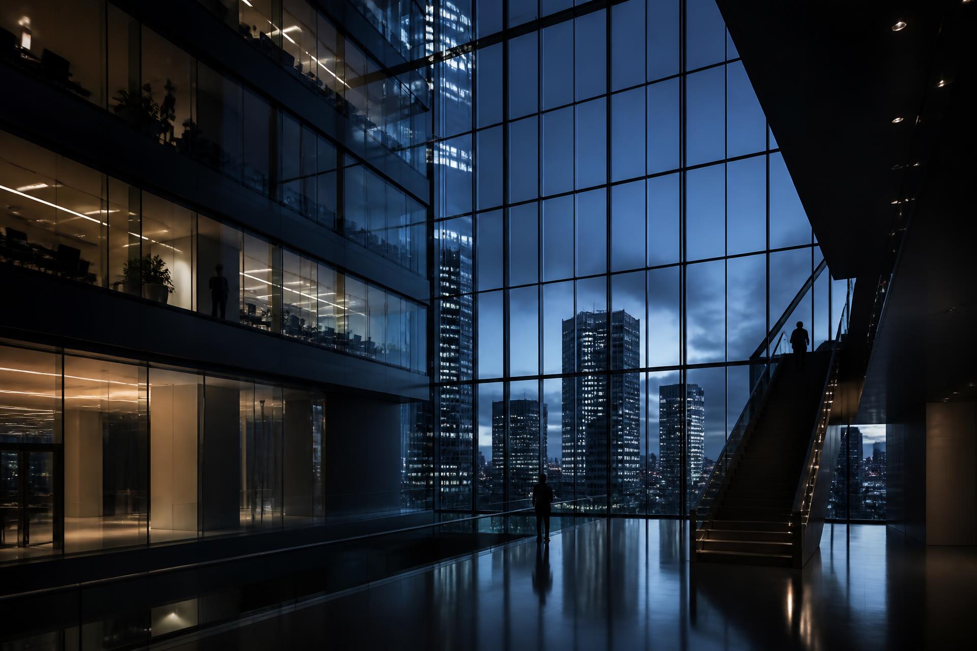 Modern glass office atrium at blue hour